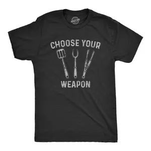 Mens Choose Your Weapon T Shirt Funny Grill Utensils Backyard BBQ Cookout Fathers Day Tee Mens Funny T Shirts Cool Vintage Fashion T-Shirt Gift Classic Menswear Dad Joke Apparel for Men Funny Food Short Sleeve Black