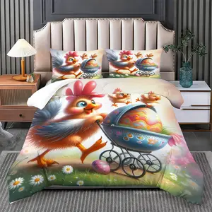 Rooster Pushing Easter Egg Stroller Quilt Set (2/3 Pcs, 1 Quilt + 1/2 Pillowcases): Rooster pushing Easter egg stroller print, soft glutinous skin-friendly non-irritating, fits bedrooms, kids rooms