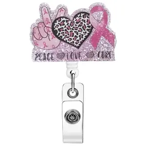 Obsessed Ribbon Breast Cancer Awareness Retractable Badge Reel, Sparkly ID Clip for Healthcare Advocates, Viral Tiktok Pick for Care Queens