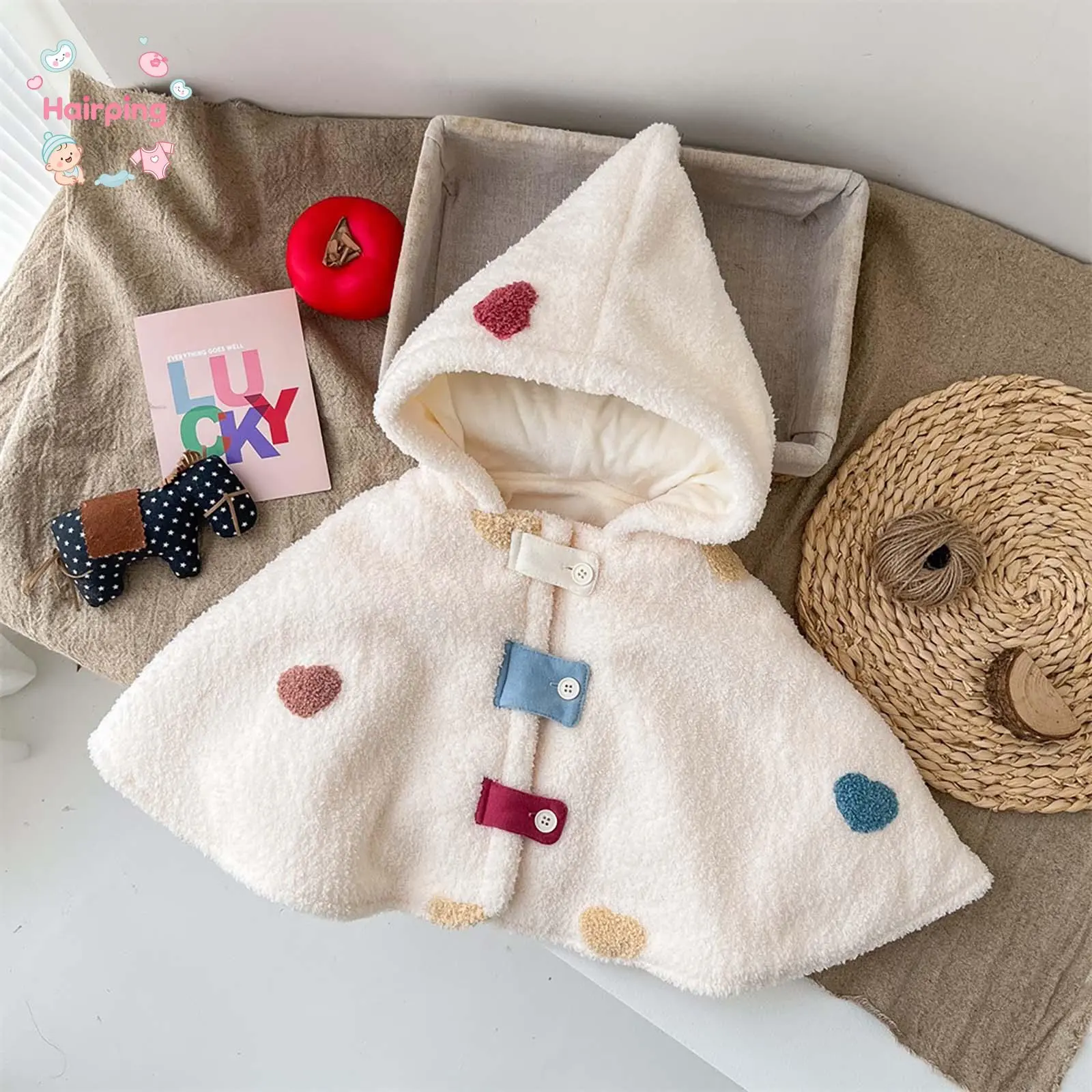 Infant Hooded Cape Coat - Fleece-Lined Plush Cloak for Boys, 31 cm, Colorful Heart Patches, Button-Front Baby Outerwear, Soft Warm Winter Wear, Ideal for Strolls, Cold Wash Compatible, S
