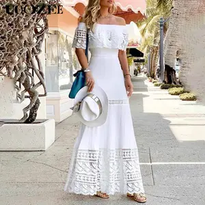 UOOZEE Women's High Waisted Short Sleeves Hollow Solid Color Split-Joint Off-The-Shoulder Maxi Dresses Petite Version Summer Fit