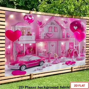 2D Flat - A Single Piece of 2D High-Definition Flat Banner Featuring a Whimsical Dollhouse Scene in Pink, Adorned with Heart-Shaped Balloons And a Pink Car. This Elegant Backdrop Is Perfect for Celebrations Such As Birthd
