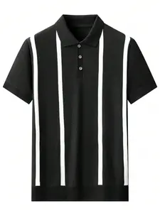 Men's Short Sleeve Summer Thin Casual Knit Striped Polo Shirt, Fitted Style, Stripe Pattern, Perfect for Daily Wear & Leisure