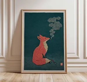 Japanese Minimalist Fox Poster – Modern Zen Animal Wall Art Print