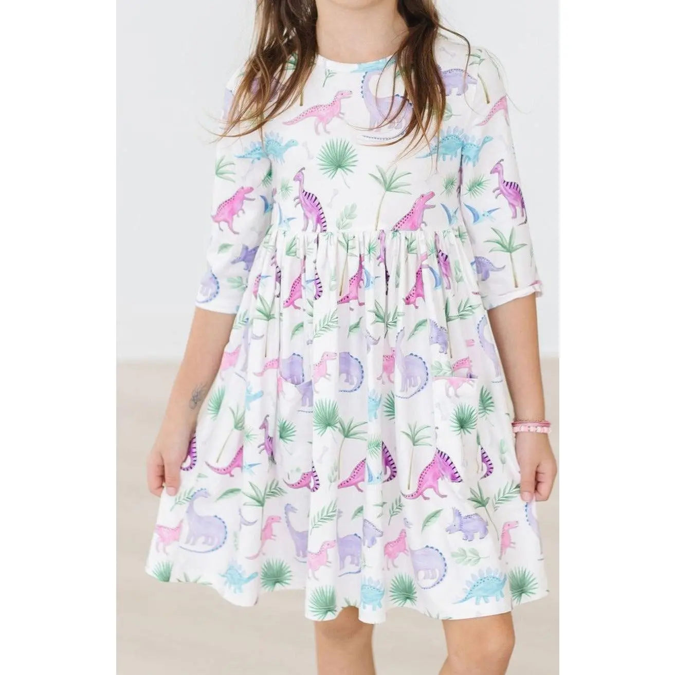 Dino Darling 3/4 Sleeve Pocket Twirl Dress