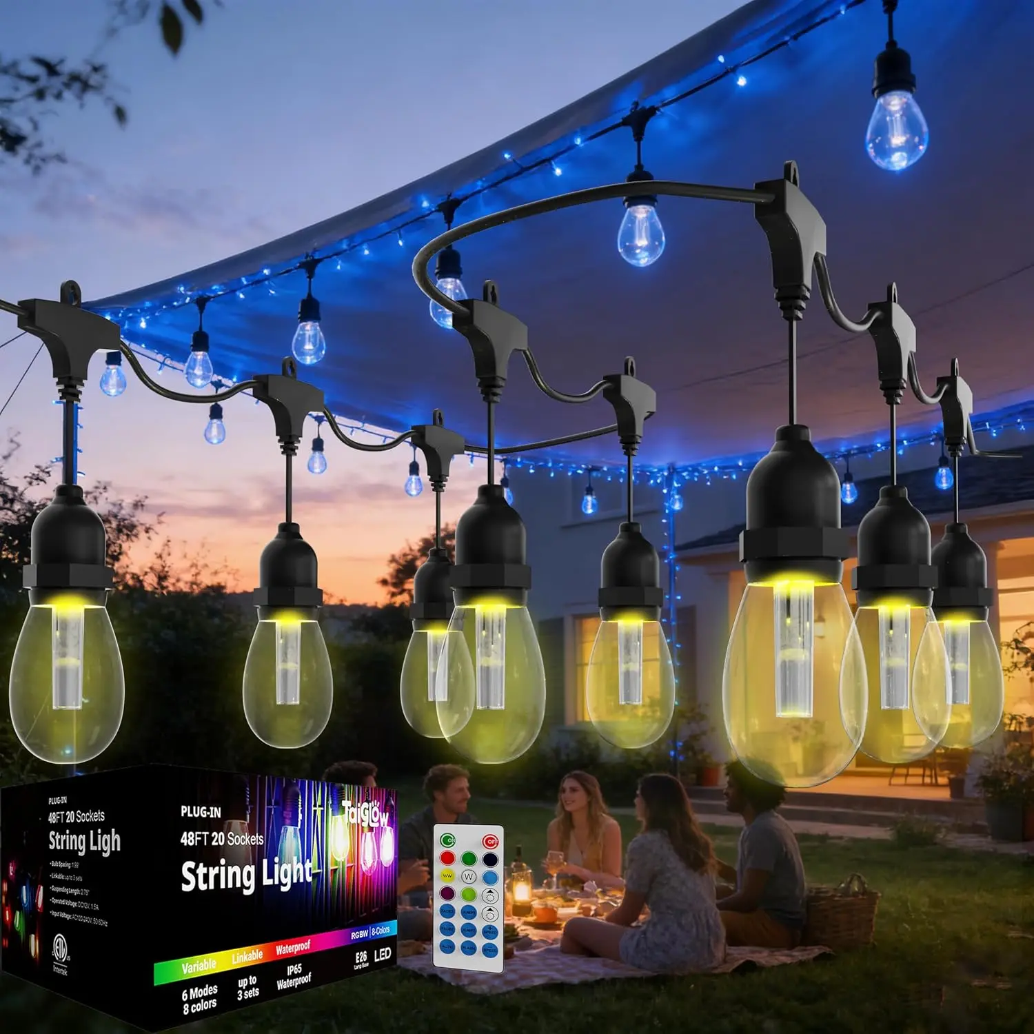 Outdoor String Lights Waterproof 48FT with 20 Bulbs