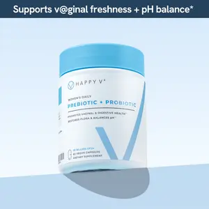 Happy V Vaginal Prebiotic + Probiotic for Women – Clinically Proven pH Balance & BV Treatment, Natural Yeast Infection Support, 60 Vegan Capsules Dietary Gut Health Supplement