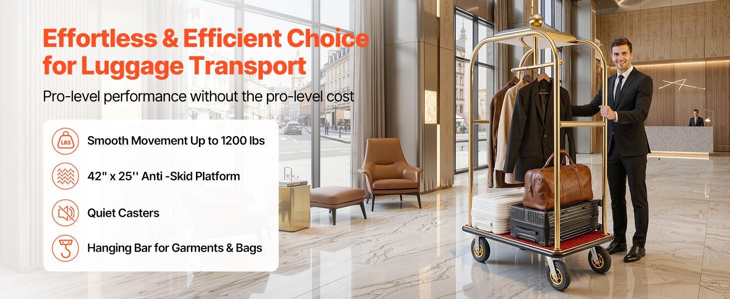 VEVOR Hotel Luggage Cart, 1200 lbs Heavy Duty Bellman Cart with Stainless Steel Frame, 8 in Rubber Wheels, Red Carpeted Deck, Commercial Luggage Carrier Rolling Trolley for Hotels, Resorts, Gold VEVOR Hotel Luggage Cart, 1200 lbs Heavy Duty Bellman Cart with Stainless Steel Frame, 8 in Rubber Wheels, Red Carpeted Deck, Commercial Luggage Carrier Rolling Trolley for Hotels, Resorts, Gold