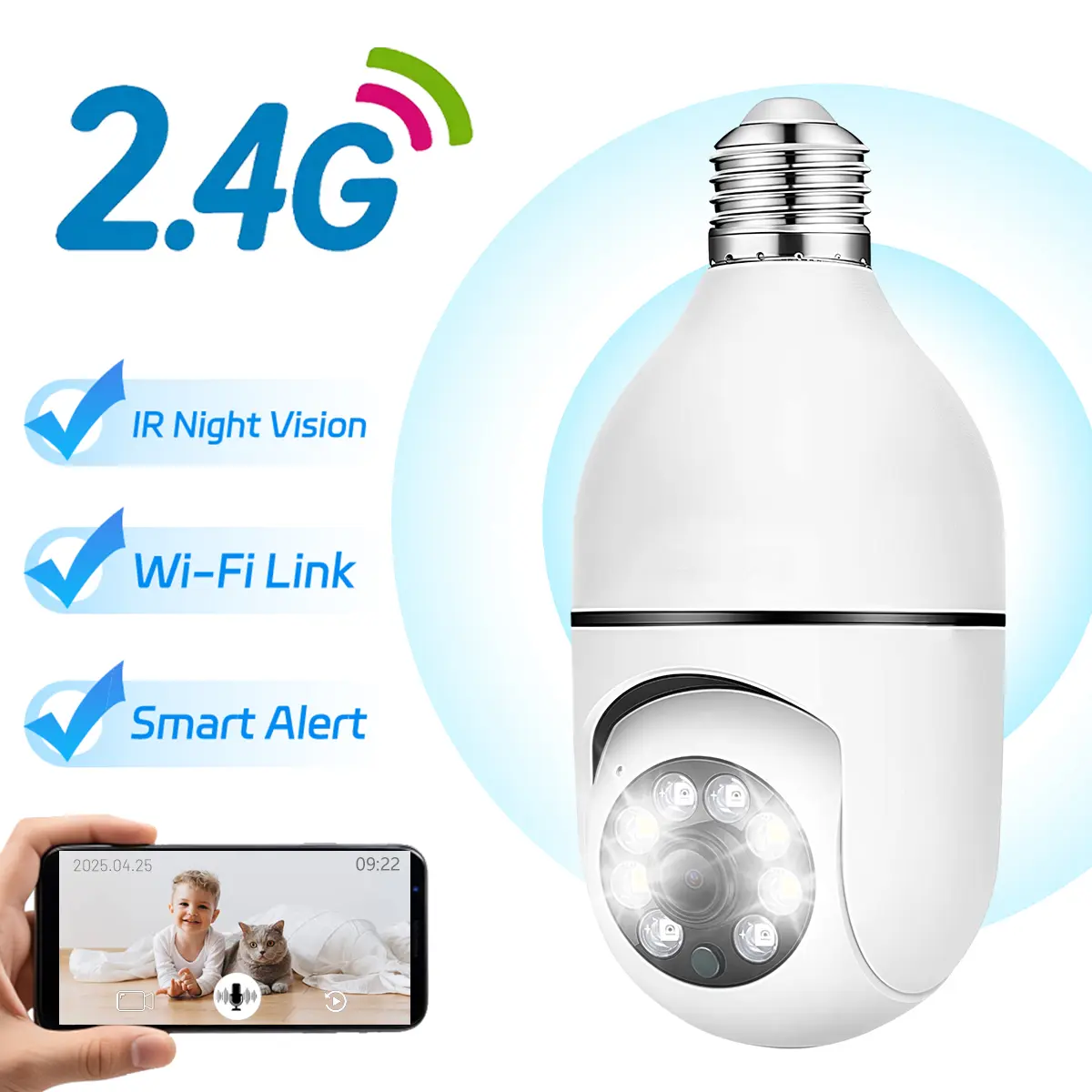 Indoor Security Camera, Home Security Cameras, Cameras For Home, Bulb AI Smart Camera with Night Vision, 2.4G WiFi Stable Connection, AI Human Detection,Two-Way Audio Talk, Easy Installation, 24H Loop Recording, compatible with TFcard/cloud storage