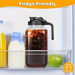 64oz Mason Jars with Lid, Glass Pitcher Double Leak Proof with Pour Spout Handle, 2 Quart Wide Mouth Breast Milk Pitcher for Fridge, Creamer Container for Coffee, Sun Tea(Black, 2 Pack)