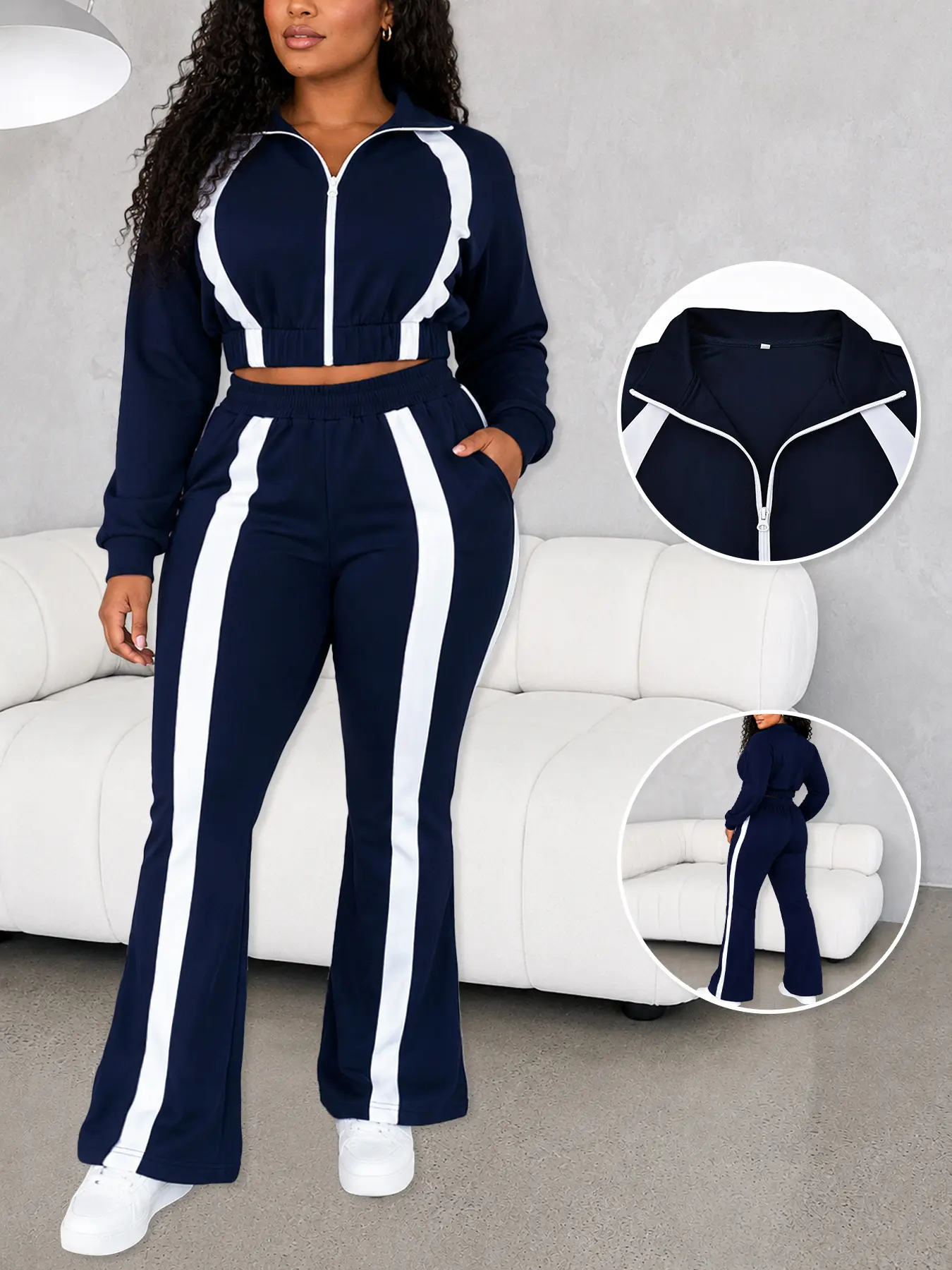Women’s Striped Tracksuit 2 Piece Outfit, Zip Up Cropped Jacket & High Waist Flare Pants, Casual Athletic Matching Co-ord Set, Sporty Streetwear for Daily & Travel