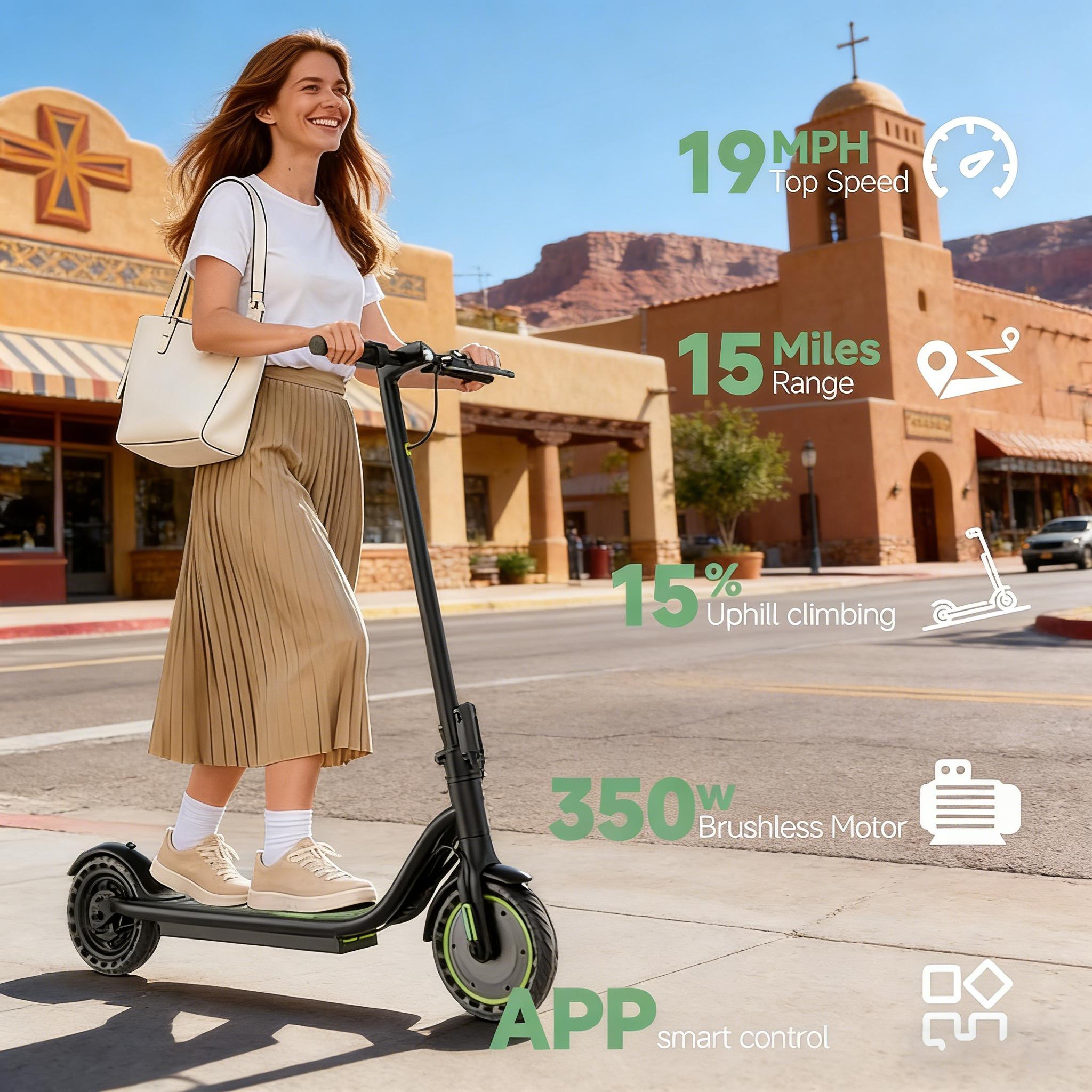 A Safe Urban Commuter Electric Scooter with Double Braking System, 350W Motor, 19MPH Top Speed, 8.5" Solid Anti-Puncture Tires, App Control for Adults