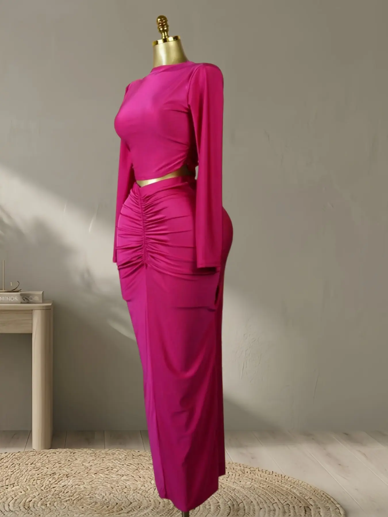 QFAF 2026 Women Hot Pink Two Piece Skirt Set for Women Long Sleeve Cropped  Top and