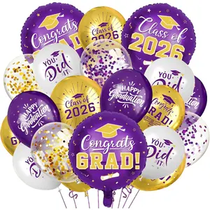 Purple and Gold Graduation Balloons Graduation Decorations 2026, 51Pcs Grad Latex Balloons and Grad Foil Balloon with Confetti Ribbons Grad Party Decorations for College High School