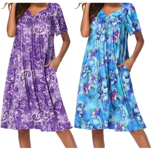 2 Pack House Dresses for Women with Pockets Short Sleeve Moo Moos Floral Print Mumu Dresses