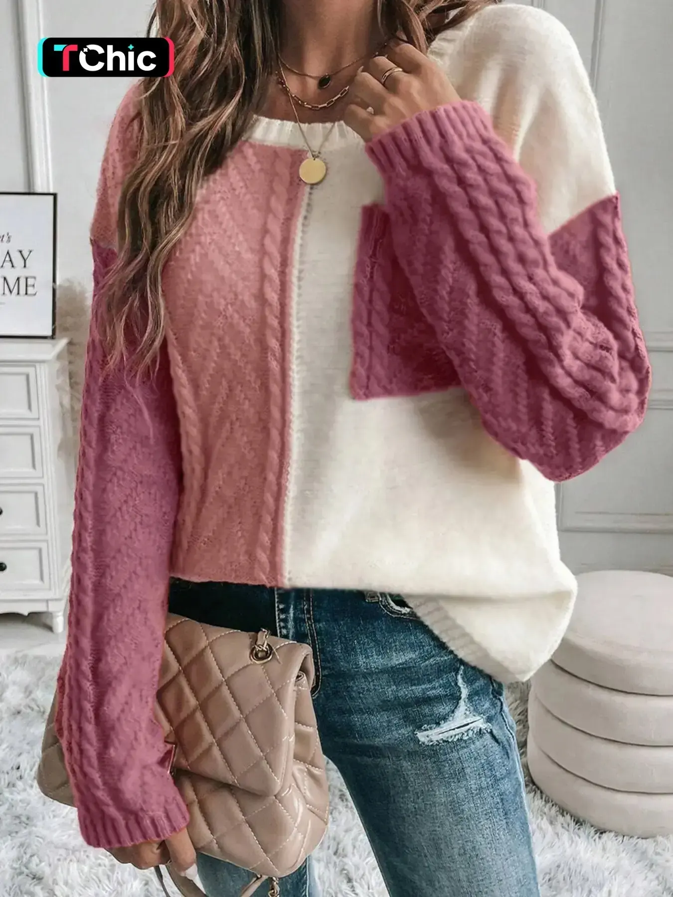 Women's Colorblock Plaid Graphic Knitted Drop Shoulder Sweater Tops, Casual Fitted Long Sleeve Round Neck Washed Pullover Jumper for Fall & Winter, Fashion Ladies' Knitwear Womenswear for Daily Wear