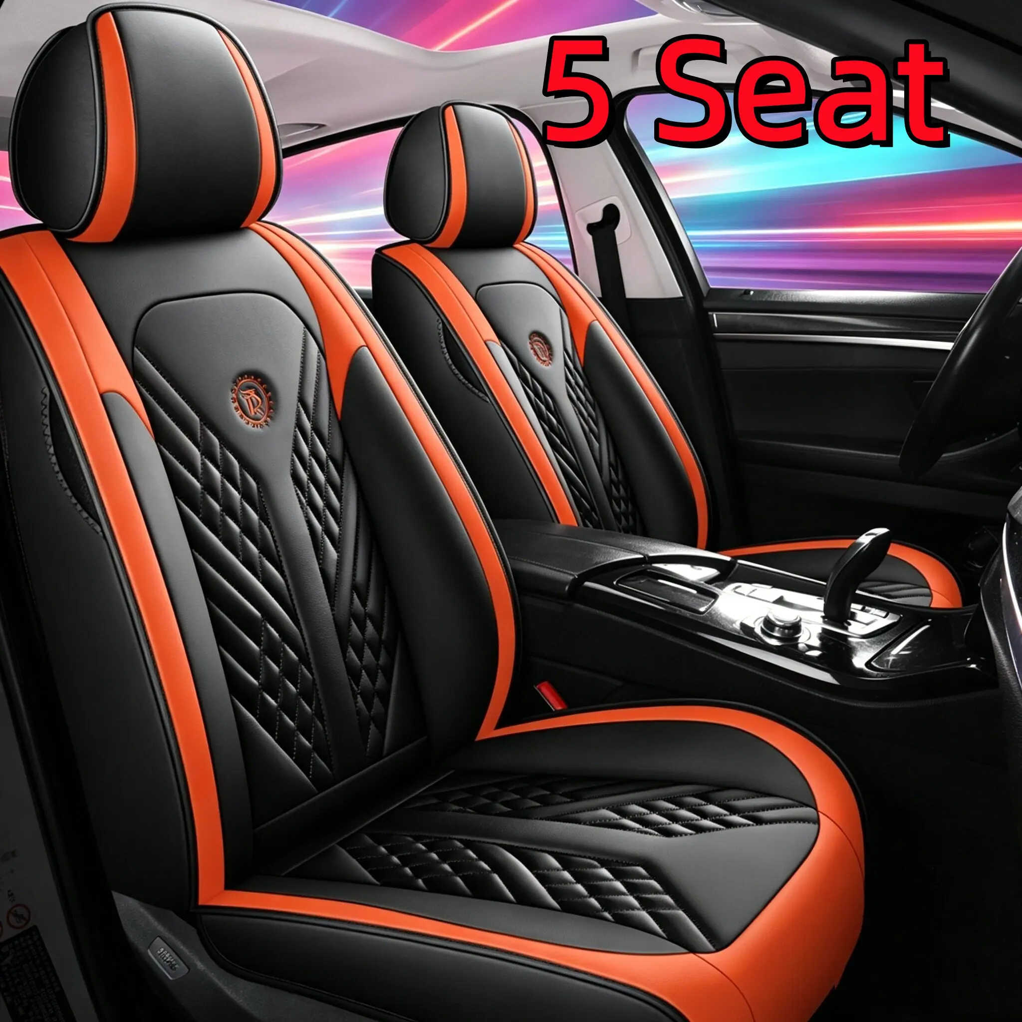 Automotive Black-Orange Stitched Car Seat Cushions, Car Interior Accessories Favorite Luxury Car Seat Covers 5 Seats Universal Waterproof Auto Interior Cushions