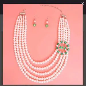 AKA Layered Pearl Necklace with Multi-Strand Design, Elegant Multi-Color Pearl Jewelry, Featuring AKA Brooch earrings set.