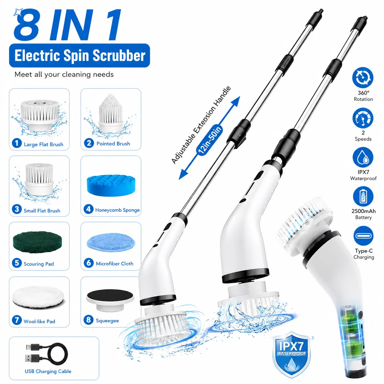 【Bloom】Cordless Electric Spin Scrubber, Power Shower Cleaning Brush with Extendable Long Handle & Replaceable Heads, USB Rechargeable Tub and Tile Scrubber for Bathroom, Floor, Wall, Kitchen - Ultimate Home Cleaning Gadget Tools
