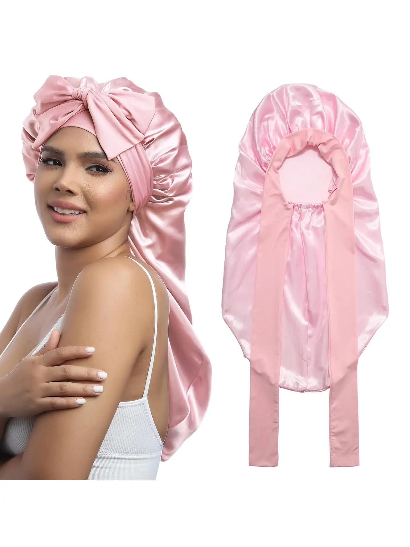 Long Bonnet Satin Hair Silk Bonnet for Sleeping Women, Silky Smooth Frizz Bonnets with Tie Band, Sleep Cap for Braids and Curly Hair, Elastic Hair Bonnet
