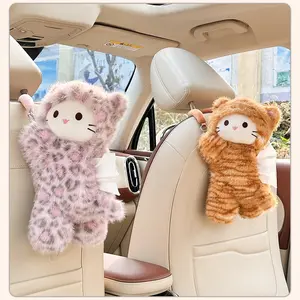 Cute Leopard Print Cat Plush Tissue Box Cover, Car Hanging Paper Napkin Holder, Adorable Car Accessory for Women & Girls