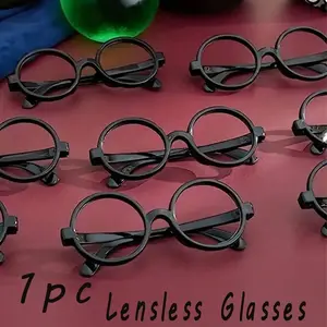 Unisex Round Black Wizard Glasses Frame, Lensless Glasses For Travel And Birthday Party Cosplay And Costumes - Nerd Party Supplies, Women Men Solid Decorative Photo Booth Props Stage Performance - Simple And Cute Costume Prop