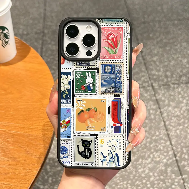 Magnetic TPU Protective Cellphone Case for iPhone 11-17 Pro Max, Aesthetic Vintage Stamp Collage Cover, MagSafe Ready, Shockproof, Lightweight, Waterproof, Handheld Device Accessory, Ideal for Everyday Use