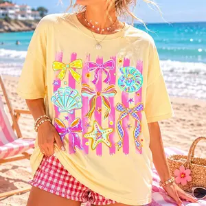 Coastal Coquette Bow Shirt, Beach Bows and Seashell Tee, Cute Summer Graphic Tshirt, Starfish Beach Aesthetic Shirt, Trendy Coastal Cowgirl Tee, Womens Oversized Shirt, Girly Vacation Top -DPCLICK