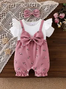 Baby Girl 2-Piece Set, Patchwork Color Block Fake Two-Piece, Large Bow Decoration, Small Floral Print, Short Sleeve Romper, Butterfly Hairband