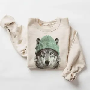 Vintage Wolf Wearing Beanie Sweatshirt – Mountain Wildlife Crewneck, Camping & Hiking Gift, Retro 90s Unisex Cute Wolves Outdoors Pullover