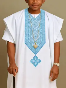 Boys' African Dashiki Kaftan Set, Hand Embroidered Nigerian Traditional Clothing, Slim-Fitting Native Attire, Kids Clothing
