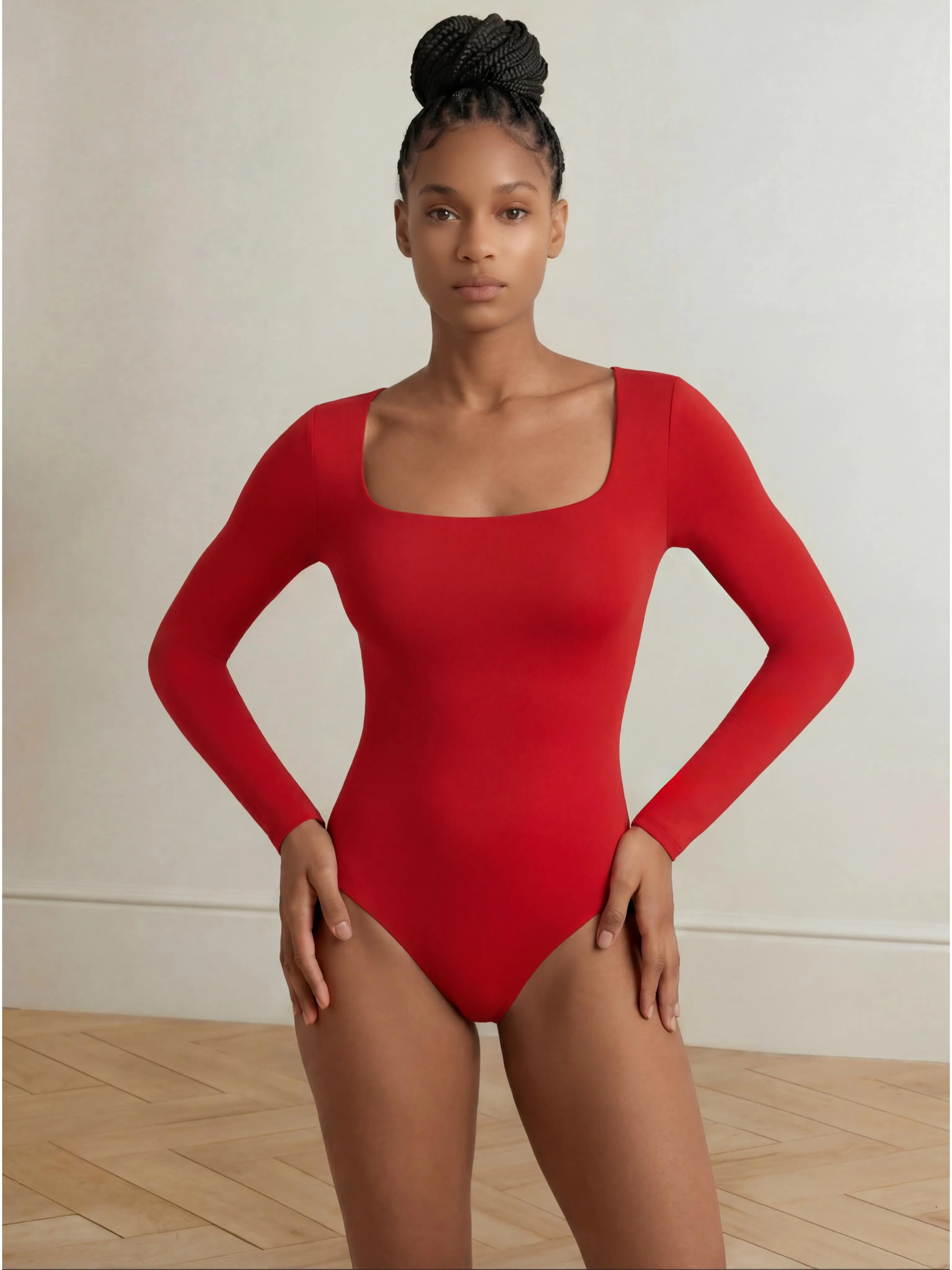 Long Sleeve Shaping Bodysuit Slims Arms & Waist | Red