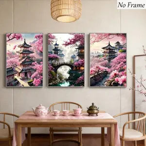 3pcs Sakura Ancient Style Building Decor, Gradient Cherry Blossom Wall Art, Sofa Background Decoration, Gallery-Level Hand-Painted