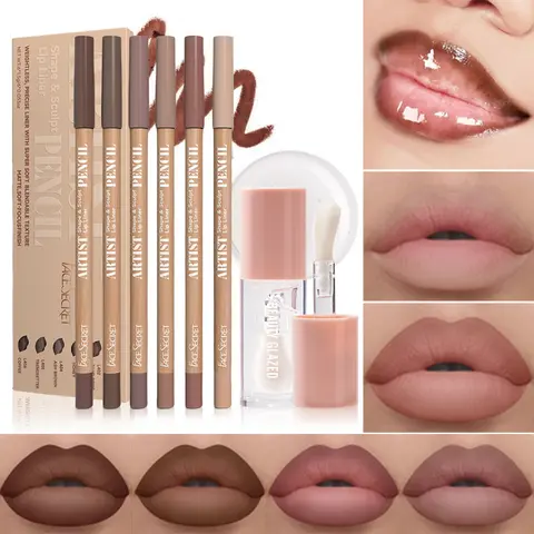 6pcs Matte Nude Lip Liner Set with Moisturizing Clear Lip Oil - Long-Lasting, Lightweight Shine for All Skin Makeup Lipliner Cosmetic Lip combo
