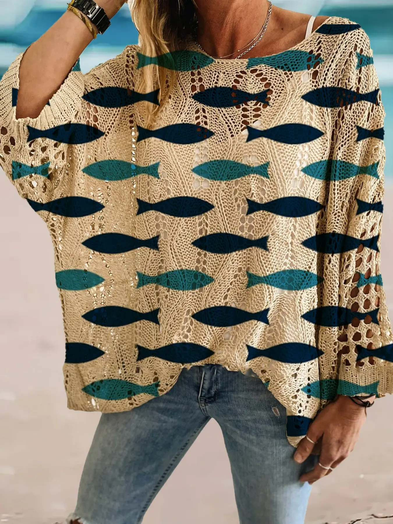 Women's New Fashion Printed Knit Top, Hollow Batwing Sleeve Sweater, Vacation Style, Casual Elegant Commute, Bikini Cover-Up, Bohemian Hoodie, Knitwear