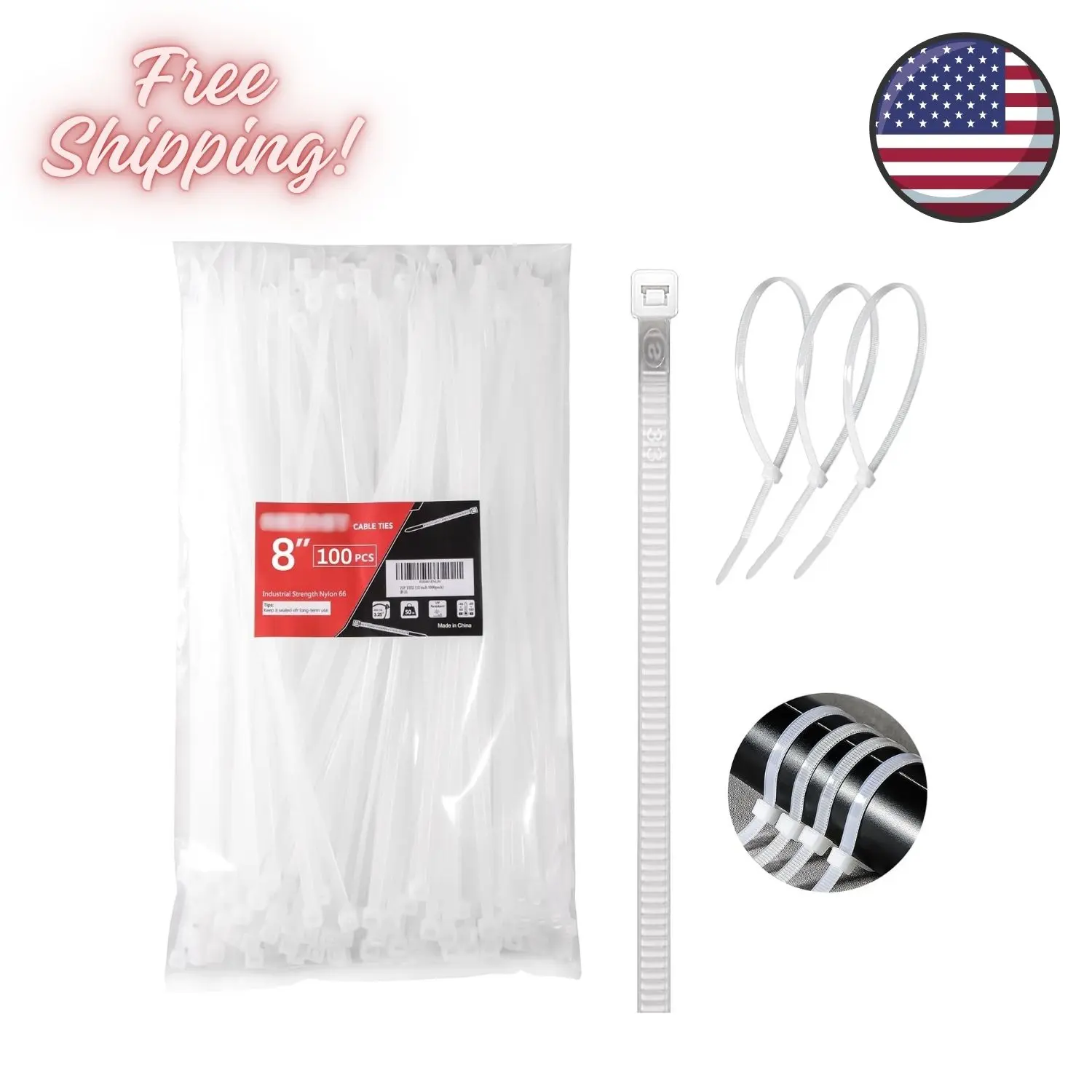 White Zip Ties 8 Inch 100 Pack Clear Tensile Strength 40 lbs