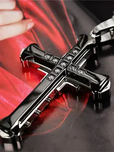 Men's Dark Knight Cross Pendant Necklace with Diamonds, Silver Color Gold, Bold Design, Wholesale Jewelry, Cuban Cross Necklace, 1 Piece