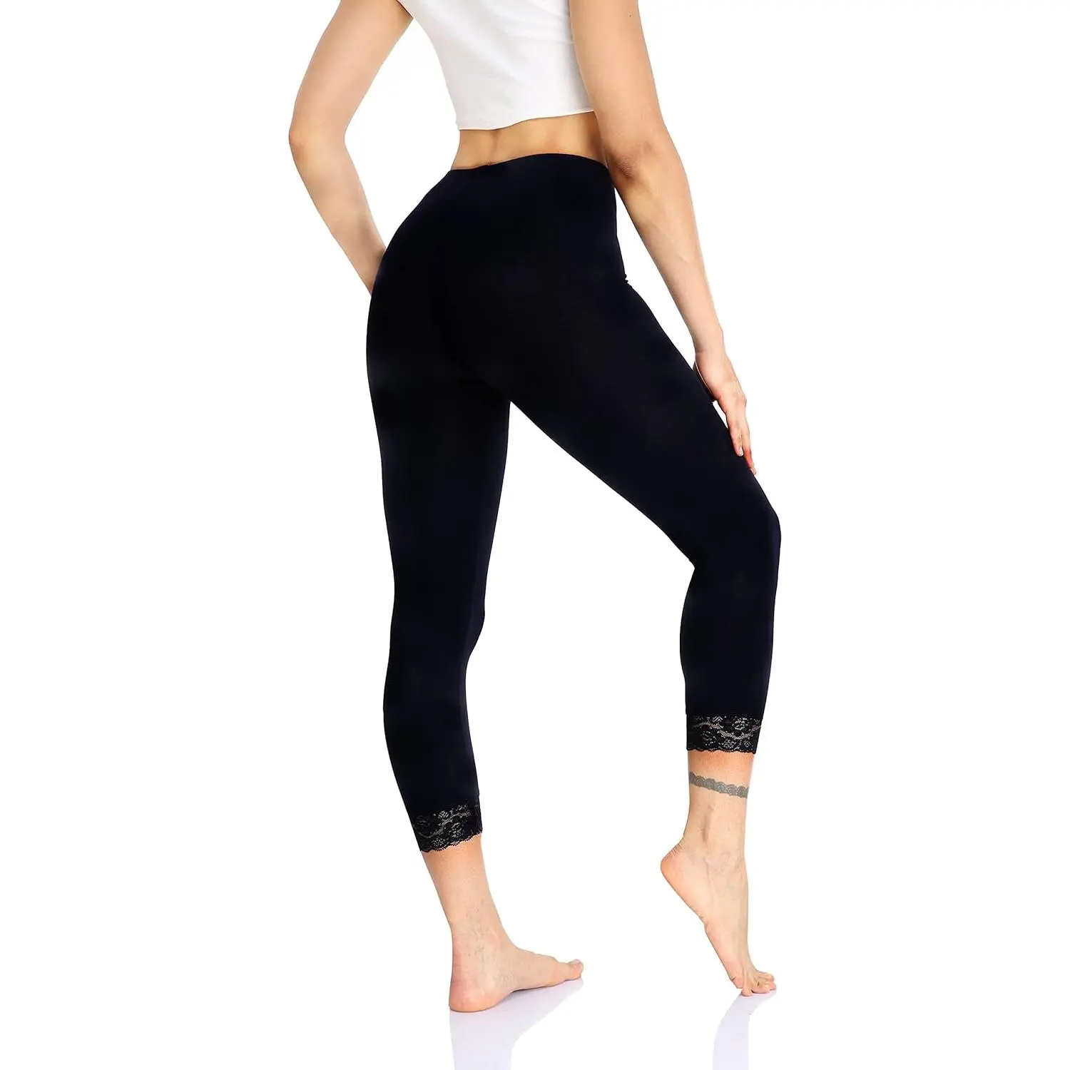 Women's Lace Trim Leggings 3/4 Length Capri Stretchy High Waist Yoga Cropped Leggings Lightweight Tights
