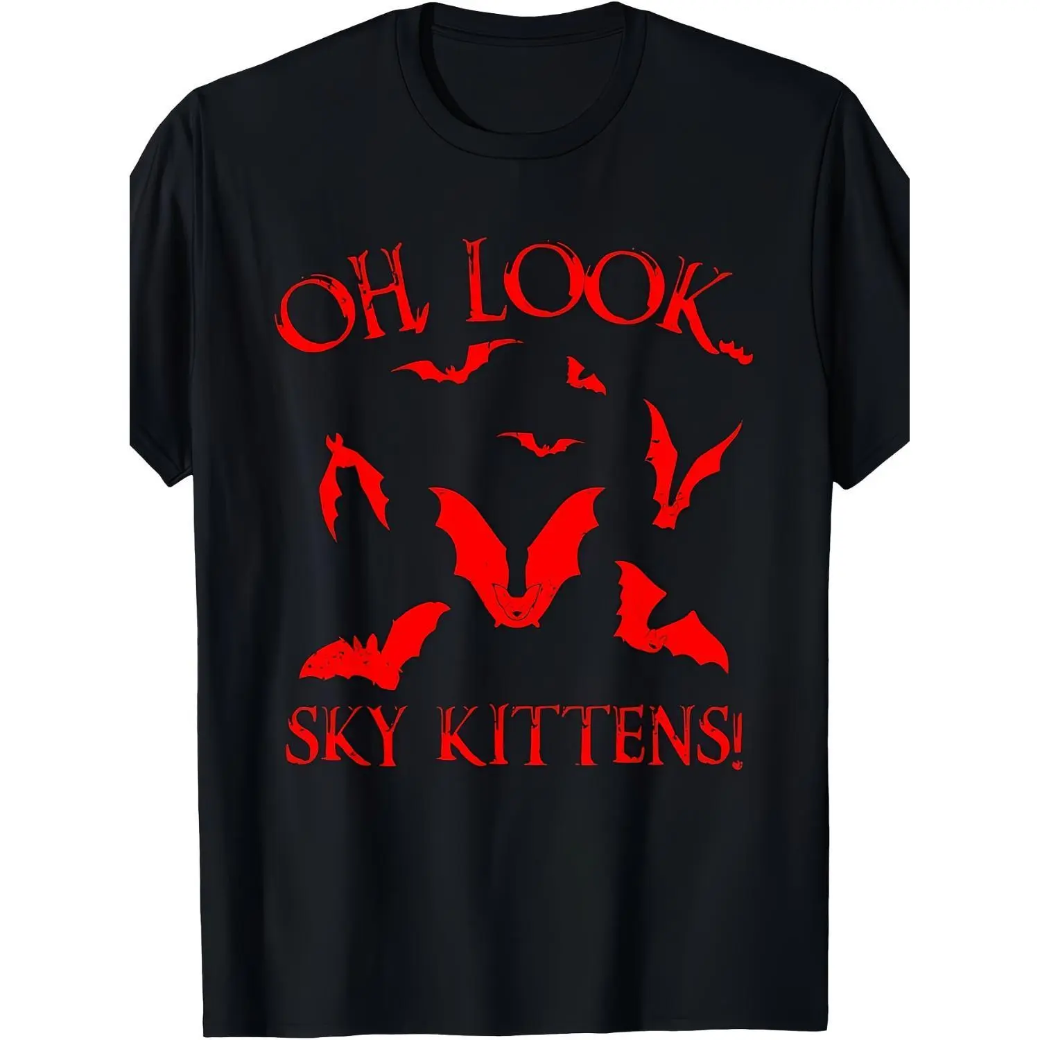 Gothic Graphic T-shirt with 'Oh Look Sky Kittens' Slogan, Relaxed Fit Cotton Top for Women, Short Sleeve Casual Halloween Tee, Tops, Shortsleeve