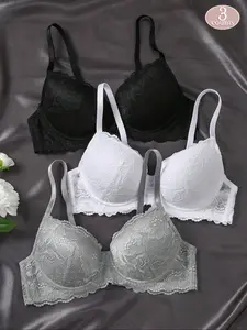Women's Sexy Feminine Lace Flower Bra, Push-Up Comfortable Anti-Sag Thin Underwear, All Seasons Fitted Lined Design, Medium Support, Lingerie