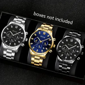 3pcs Men'S Fashion Watch Set - Business Casual Stainless Steel Quartz Watches with Calendar, Round Dial, Pointer Display- Silvery, Golden, Black