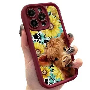 Cute Highland Cow Sunflower Floral Aesthetic Smartphone Case, Slim Shockproof Anti-Drop Protective Durable TPU Casing for iPhone 17,16,15,14 Pro Max,13,12,11,XR,XS Plus, Air – Cellphone Handheld Accessories