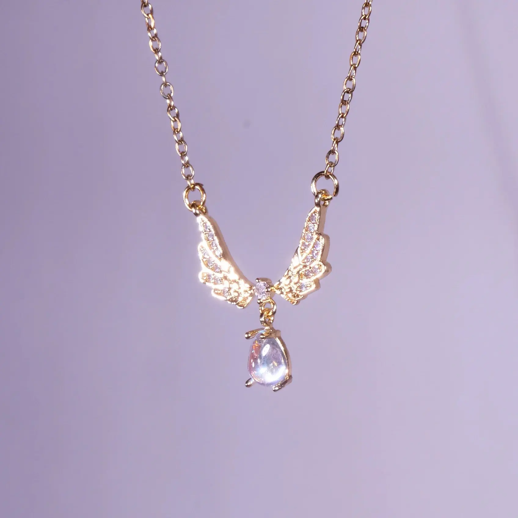 Maison Foufou Golden Moonstone Wing Clavicular Necklace, Dainty Angel Motif Stainless Steel y2k Jewelry, Elegant Everyday & Layering Crystal Artistic Necklace Gift for Girlfriends, Crystal Necklaces, Angel Motif Necklaces