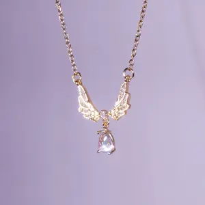 Maison Foufou Golden Moonstone Wing Clavicular Necklace, Dainty Angel Motif Stainless Steel y2k Jewelry, Elegant Everyday & Layering Crystal Artistic Necklace Gift for Girlfriends, Crystal Necklaces, Angel Motif Necklaces