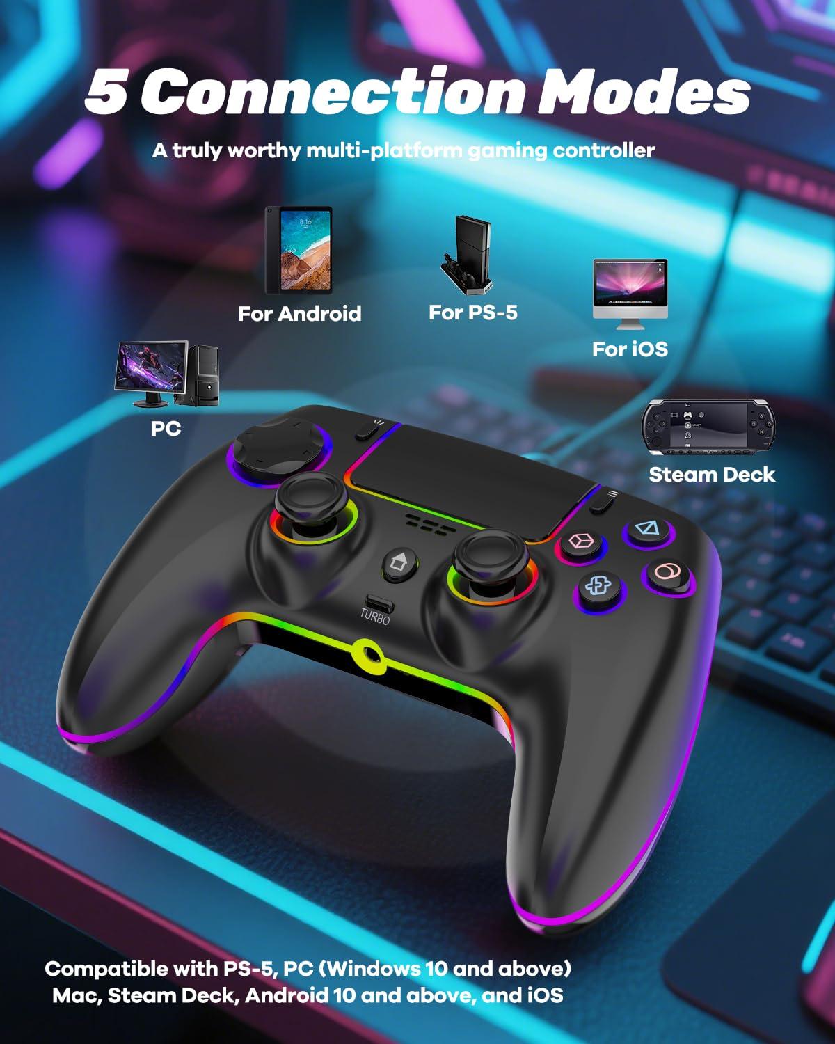 Wireless PS5 Pro Hall Controller with Hall Effect No Stick Drift Linear Triggers 7-Zone RGB Lighting Dual Vibration Turbo Macro-Programmable Buttons 1500mAh Battery & Audio Jack