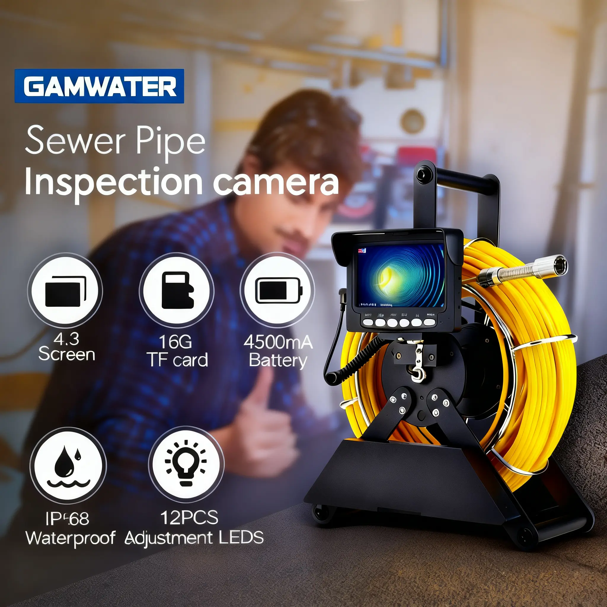 Sewer Camera - HD Endoscope Camera with 16GB TF Card, IP68 Waterproof Sewer Inspection Camera  with 12 LEDs 4500mAH Battery