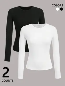 Women's Solid Round Neck Tee, Casual Basic Long Sleeve T-shirt for Summer, Ladies Clothes for Daily Wear