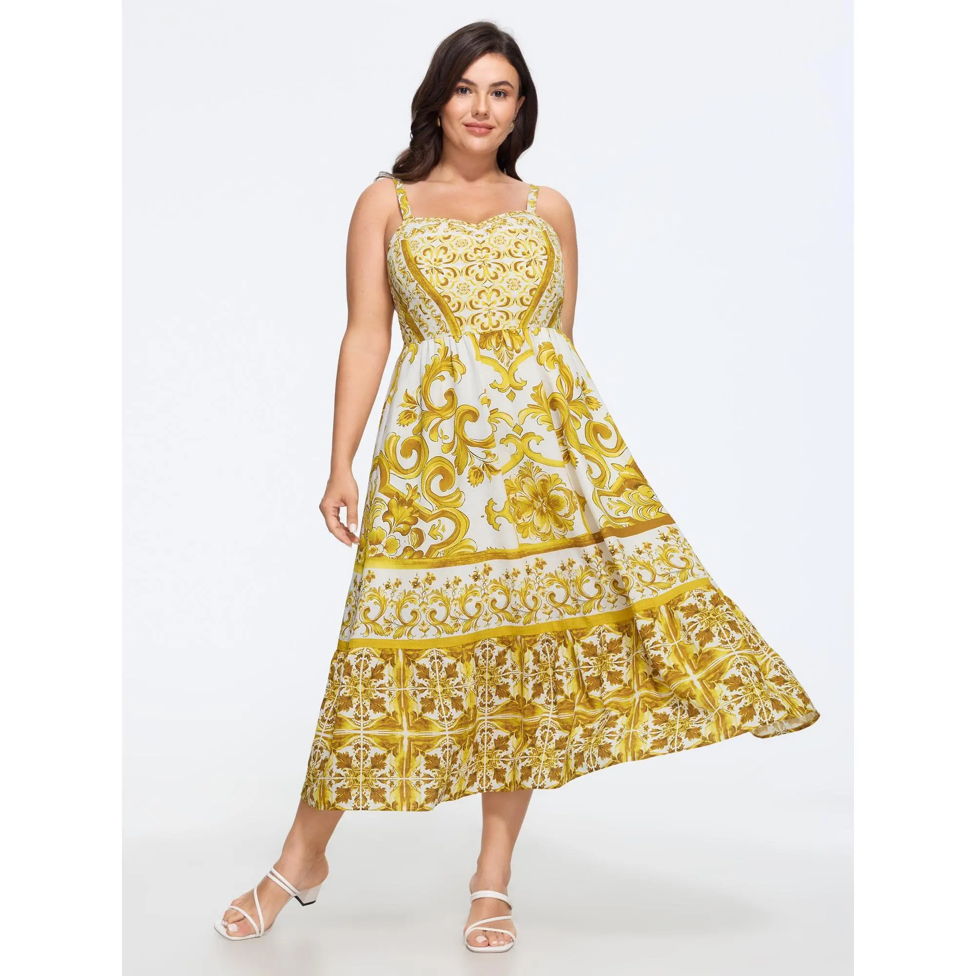 BLOOMCHIC Plus Size Baroque Floral Print Shirred Tiered Midi Dress[M-6X] 2026 Summerfinds