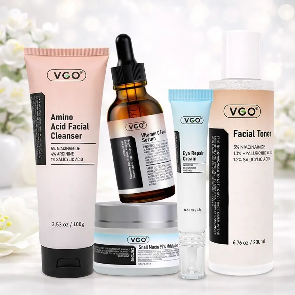 VGO 5-Step Facial Skincare Routine Set - Cleanser, Serum, Moisturizer for Lightweight, Fresh, Clean, Soft Skin Daily Use