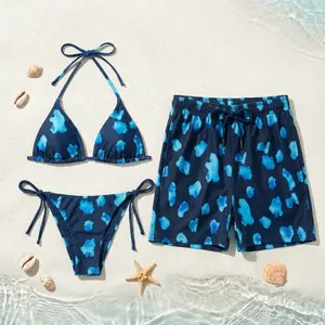[HOT SUMMER 2026] Blue Splash Matching Couple Swimwear Set – Stylish Bikini & Men’s Swim Trunks, Tropical Beach Vacation Outfit